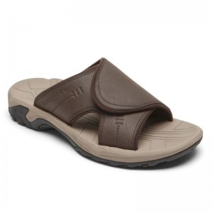 Men Rockport Byron Slides Dark Brown USA | BC1-25942