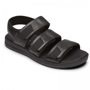 Men Rockport Lucky Bay Dress 3-Band Fisherman Sandals Black USA | KQ6-84058