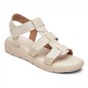 Women Rockport Abbie T-Strap Sandals Cream USA | PK9-46154