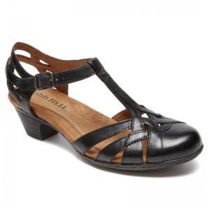 Women Rockport Aubrey T-Strap Heeled Sandals Black USA | ZC5-41164