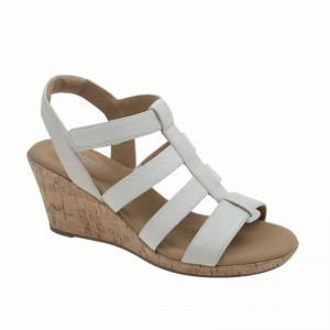 Women Rockport Blanca Elastic T-Bar Wedge Sandals White USA | KE2-80938