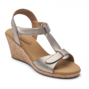 Women Rockport Blanca T-Strap Wedge Sandals Grey USA | SX9-36993