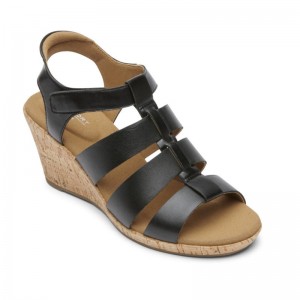 Women Rockport Briah New Gladiator Wedge Sandals Black USA | AW5-37703