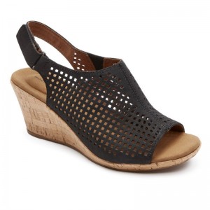 Women Rockport Briah Perforated Slingback Wedge Sandals Black USA | JR0-99859