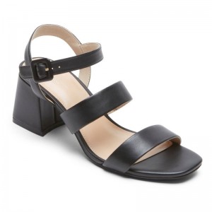 Women Rockport Farrah Strappy Heeled Sandals Black USA | KH7-99009