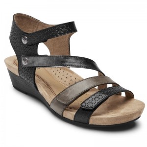 Women Rockport Hollywood 4-Strap Wedge Sandals Black Multi USA | PU1-46614