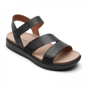 Women Rockport Kells Bay 3-Strap Sandals Black USA | IM7-63636