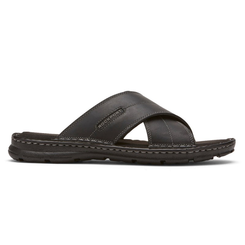 Men Rockport Darwyn Cross Band Slides Black USA | QY0-09910