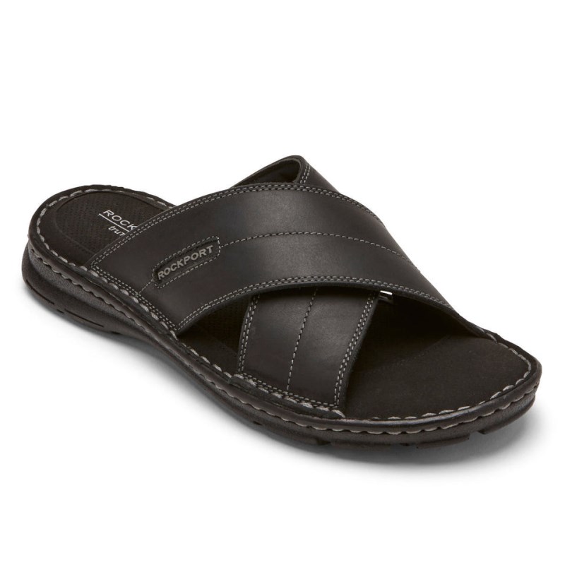 Men Rockport Darwyn Cross Band Slides Black USA | QY0-09910