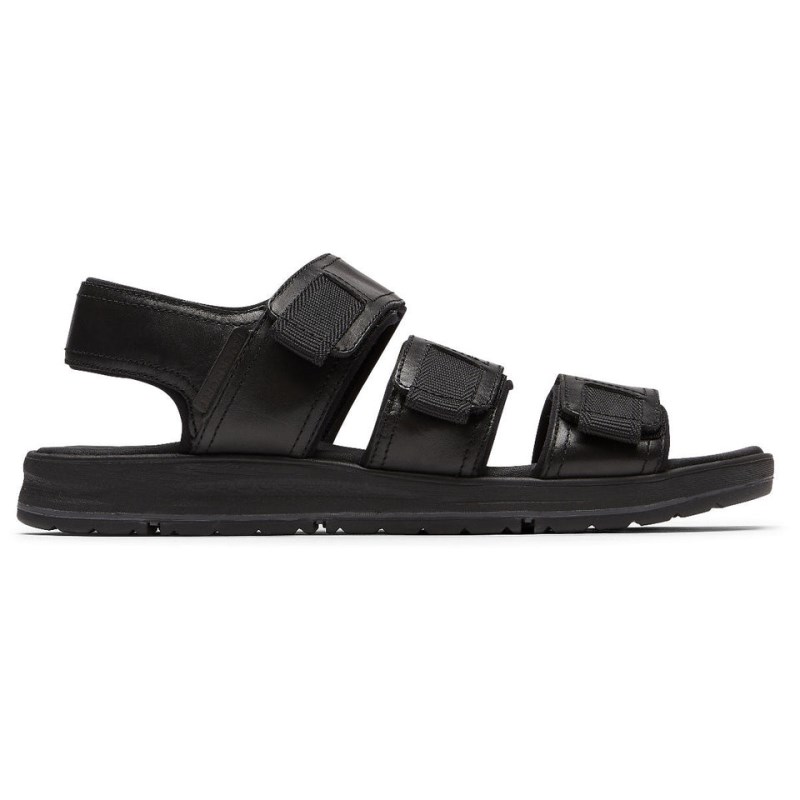 Men Rockport Lucky Bay Dress 3-Band Fisherman Sandals Black USA | KQ6-84058