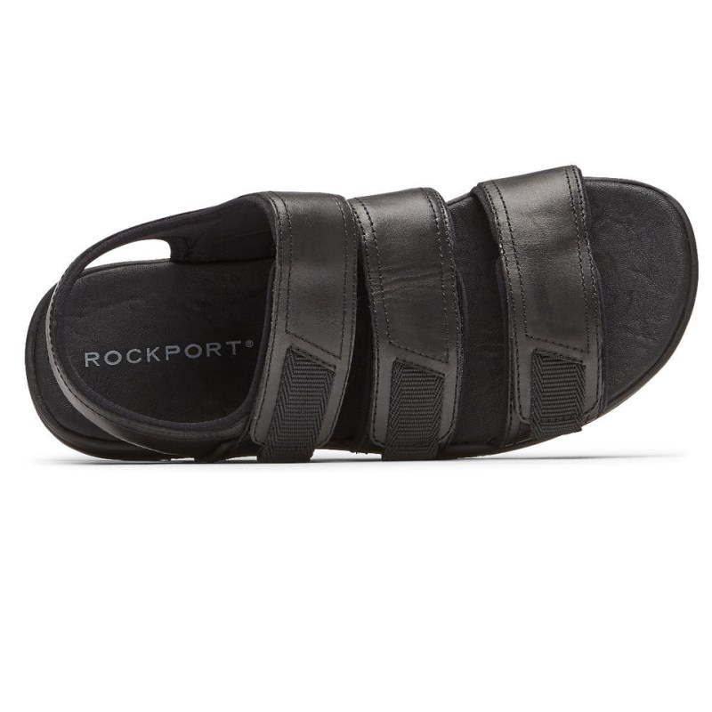 Men Rockport Lucky Bay Dress 3-Band Fisherman Sandals Black USA | KQ6-84058