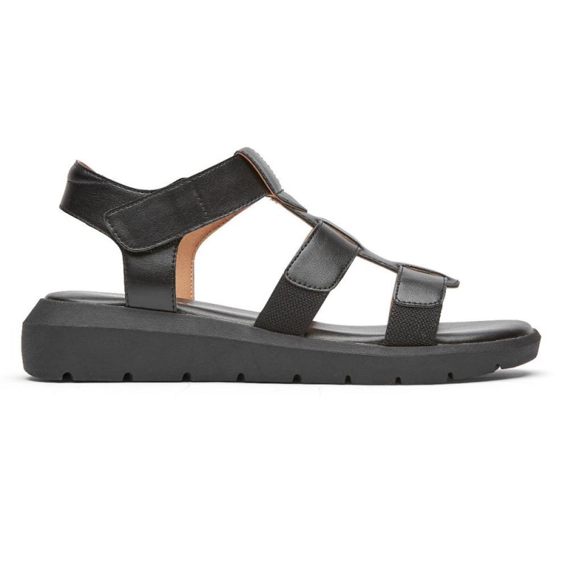 Women Rockport Abbie T-Strap Sandals Black USA | VZ5-41304