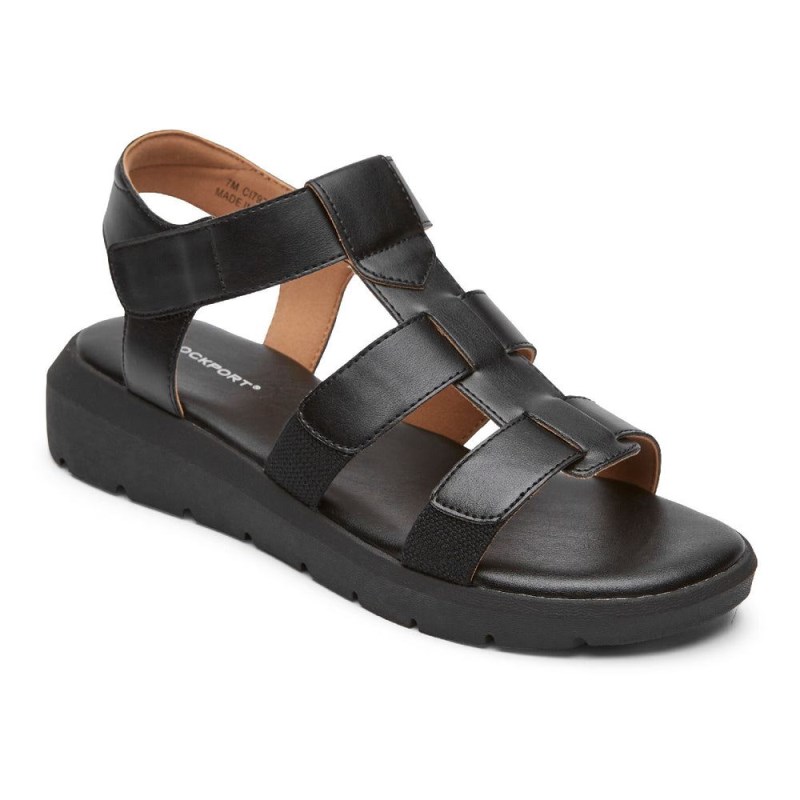 Women Rockport Abbie T-Strap Sandals Black USA | VZ5-41304