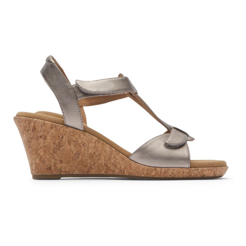 Women Rockport Blanca T-Strap Wedge Sandals Grey USA | SX9-36993