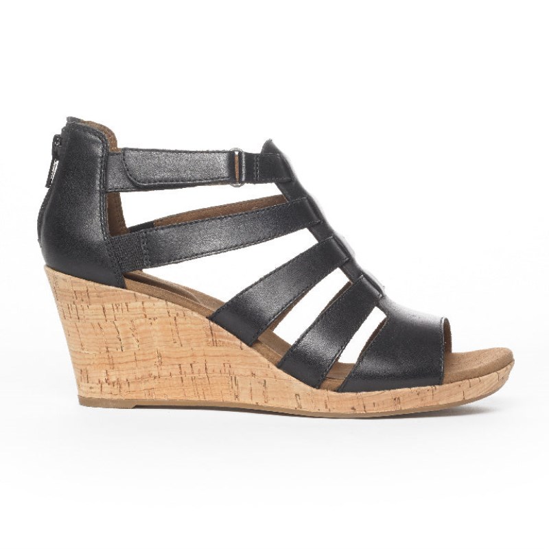 Women Rockport Briah Gladiator Wedge Sandals Black USA | ZA8-42444