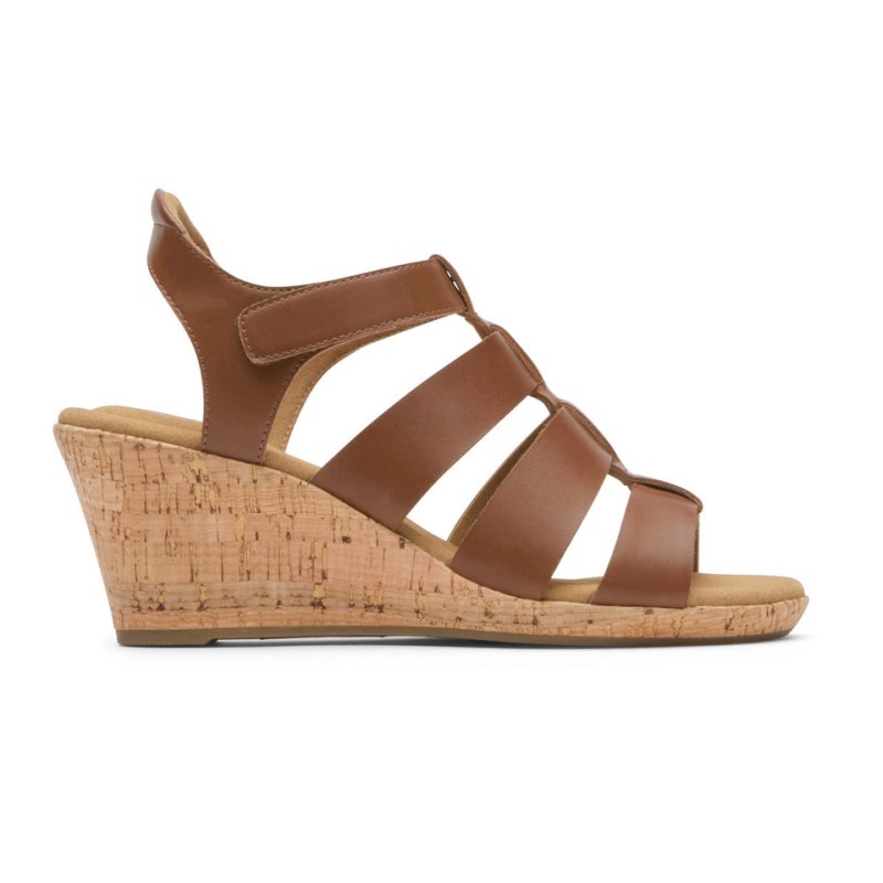 Women Rockport Briah New Gladiator Wedge Sandals Brown USA | LM0-23812