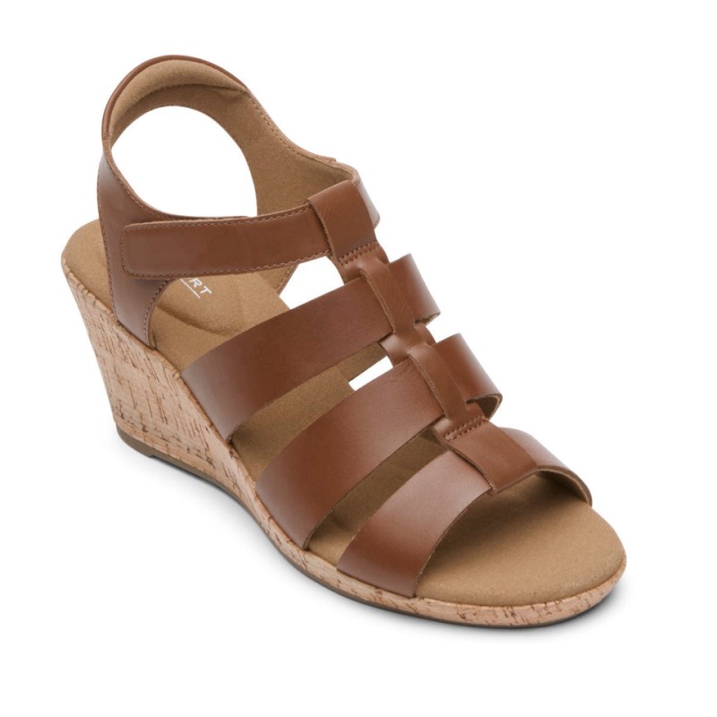 Women Rockport Briah New Gladiator Wedge Sandals Brown USA | LM0-23812