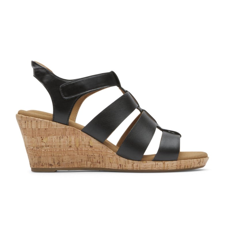 Women Rockport Briah New Gladiator Wedge Sandals Black USA | AW5-37703