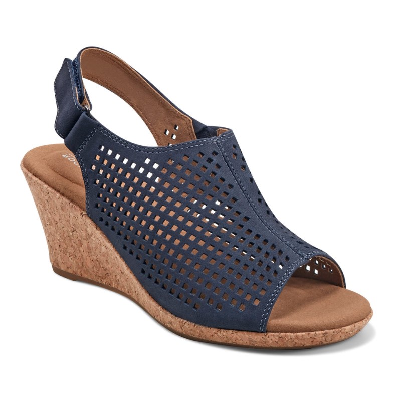 Women Rockport Briah Perforated Slingback Wedge Sandals Navy USA | BL1-49804