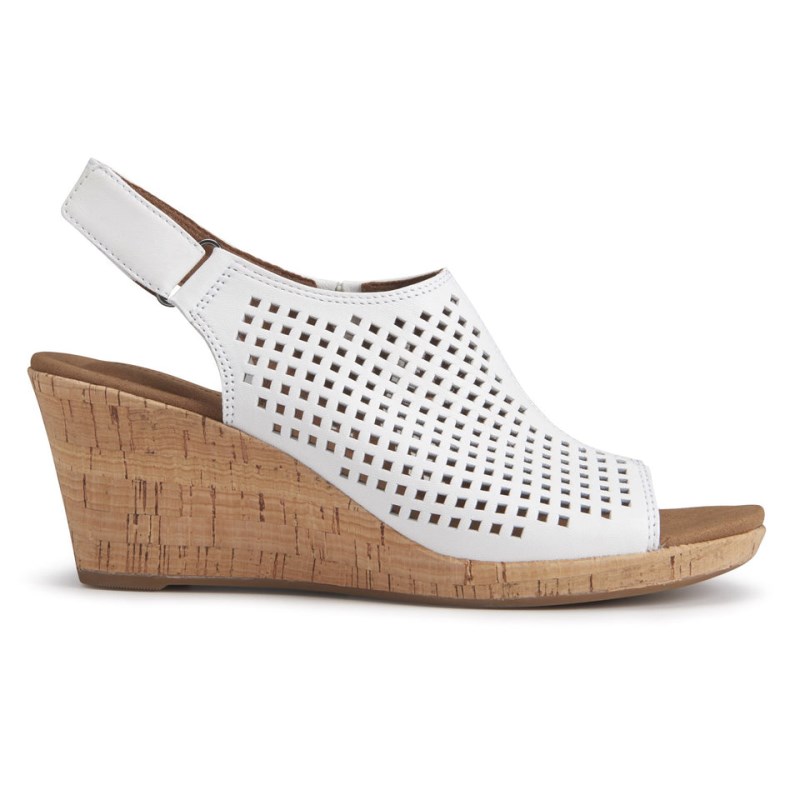 Women Rockport Briah Perforated Slingback Wedge Sandals White USA | TS1-29672