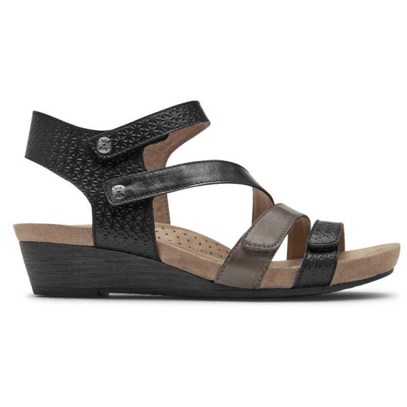 Women Rockport Hollywood 4-Strap Wedge Sandals Black Multi USA | PU1-46614