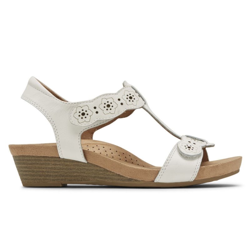 Women Rockport Hollywood T-Strap Wedge Sandals White USA | GA9-81848