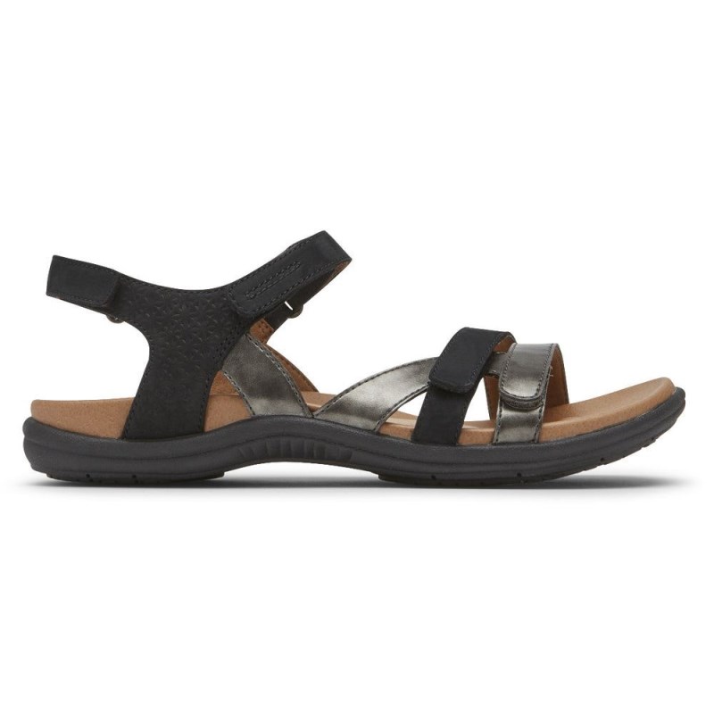 Women Rockport Rubey 3-Strap Sandals Black USA | PD4-95859