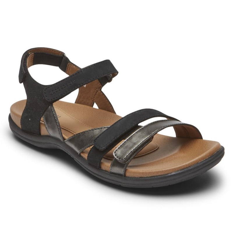 Women Rockport Rubey 3-Strap Sandals Black USA | PD4-95859